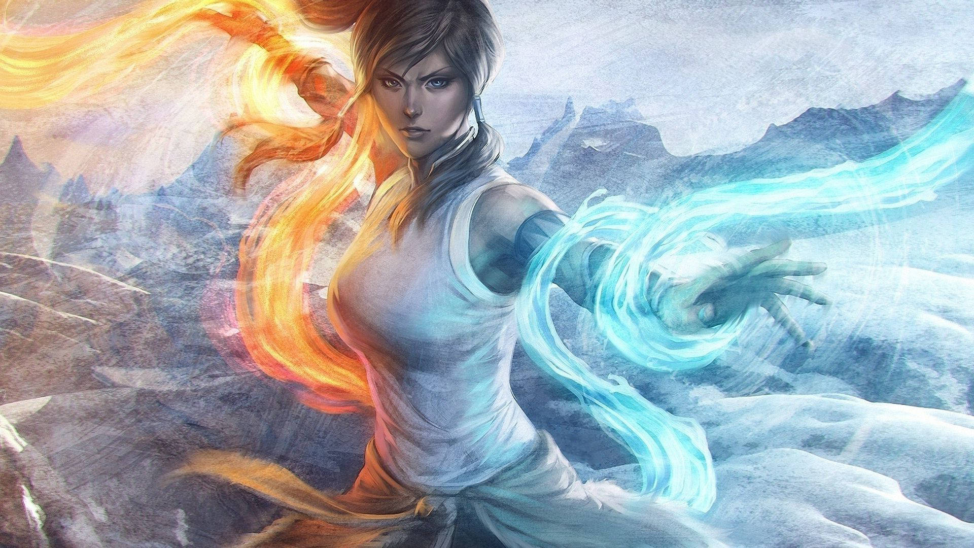 可拉水與火之 壁紙 — 一位堅定的女戰士在雪山背景下引導熾熱的橙色和冰冷的藍色元素能量。