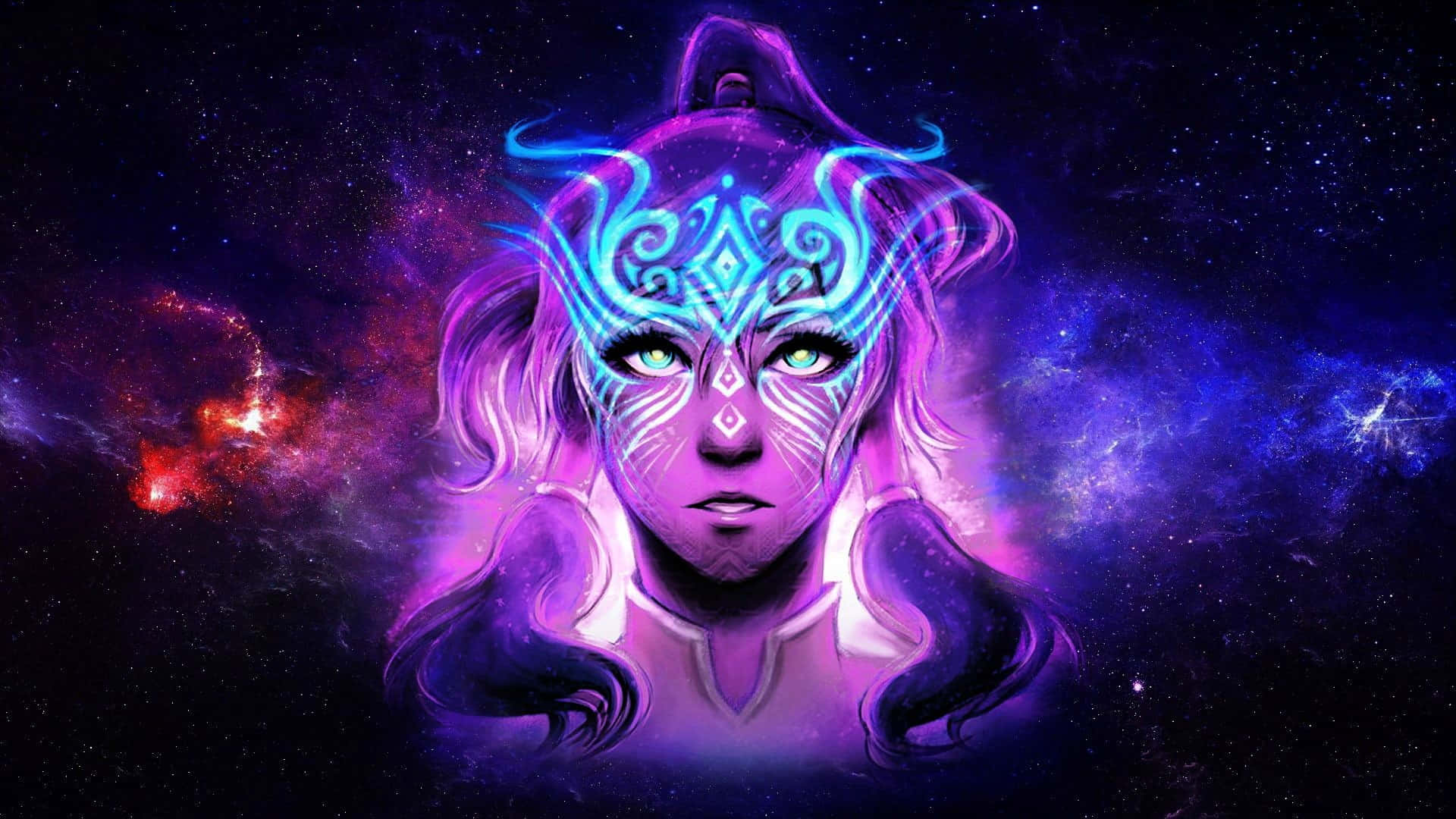 可拉站在重建之地 壁紙 — 一位發光的宇宙女性，帶有霓虹藍色部落圖騰和飄逸的紫色頭髮，背景是繁星點點的星雲。