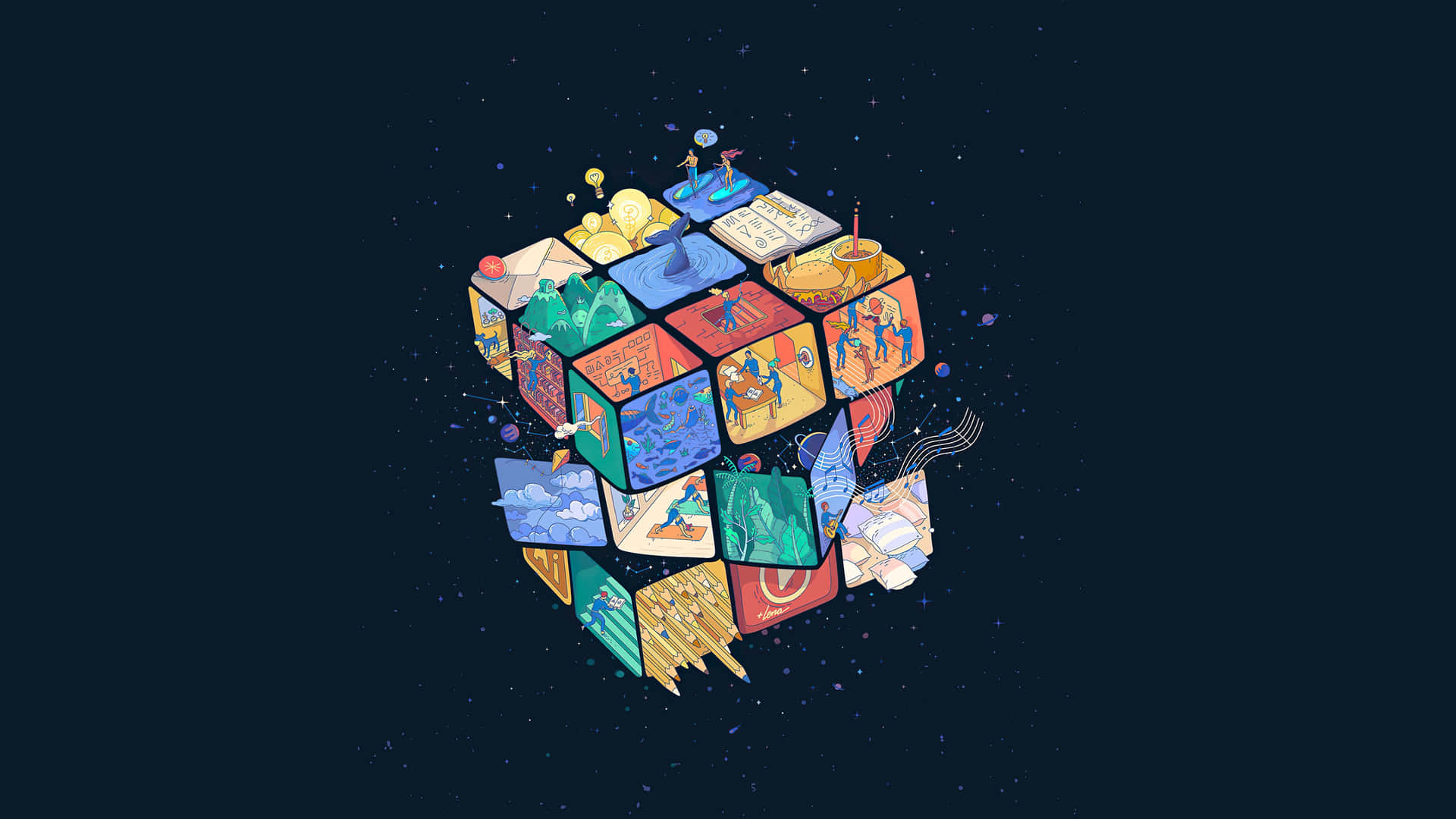 漂浮的立方體，上面有各種插圖場景，背景是星空。