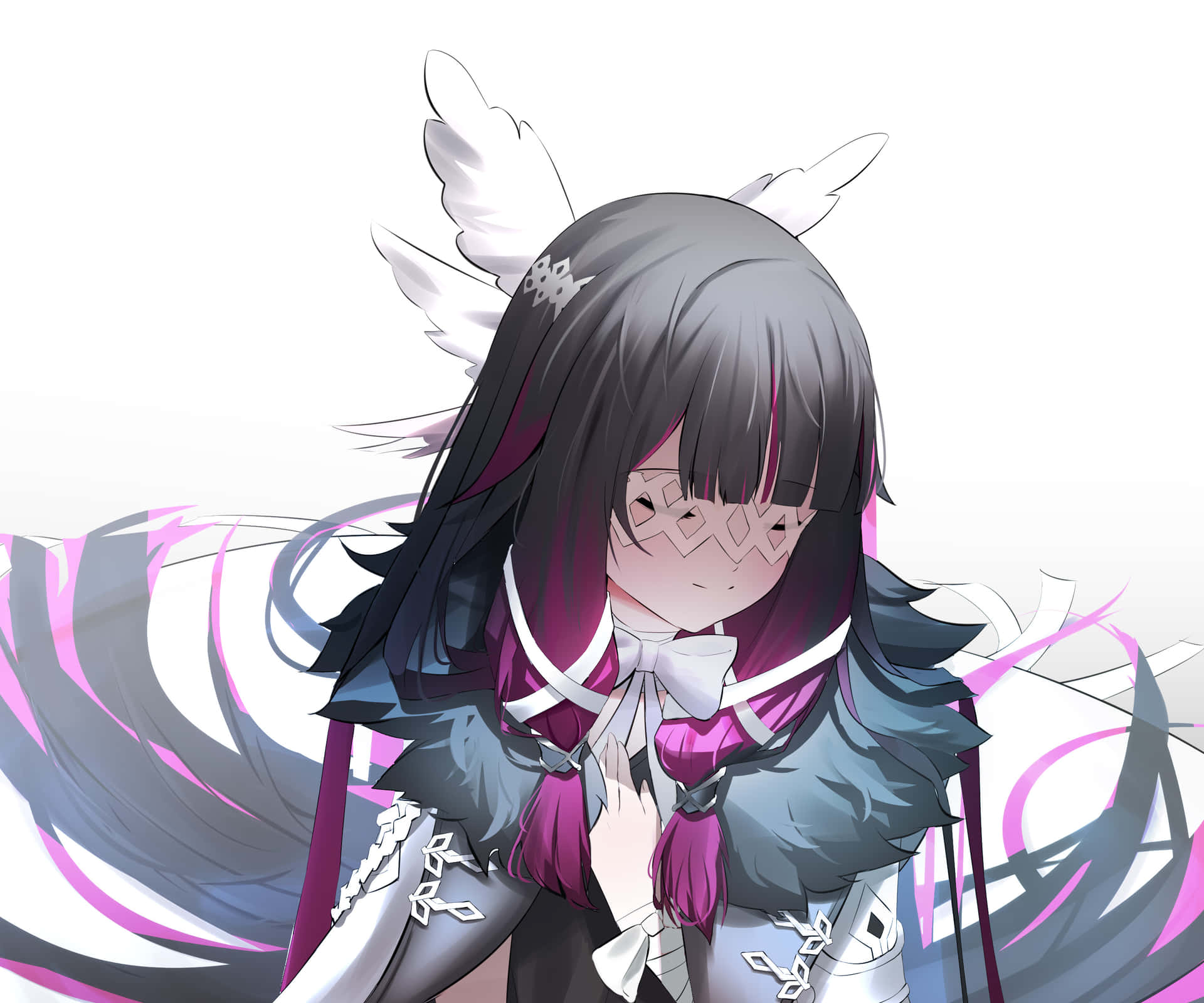 深色頭髮和白色翅膀的動漫女孩，穿著紫色和白色服裝。