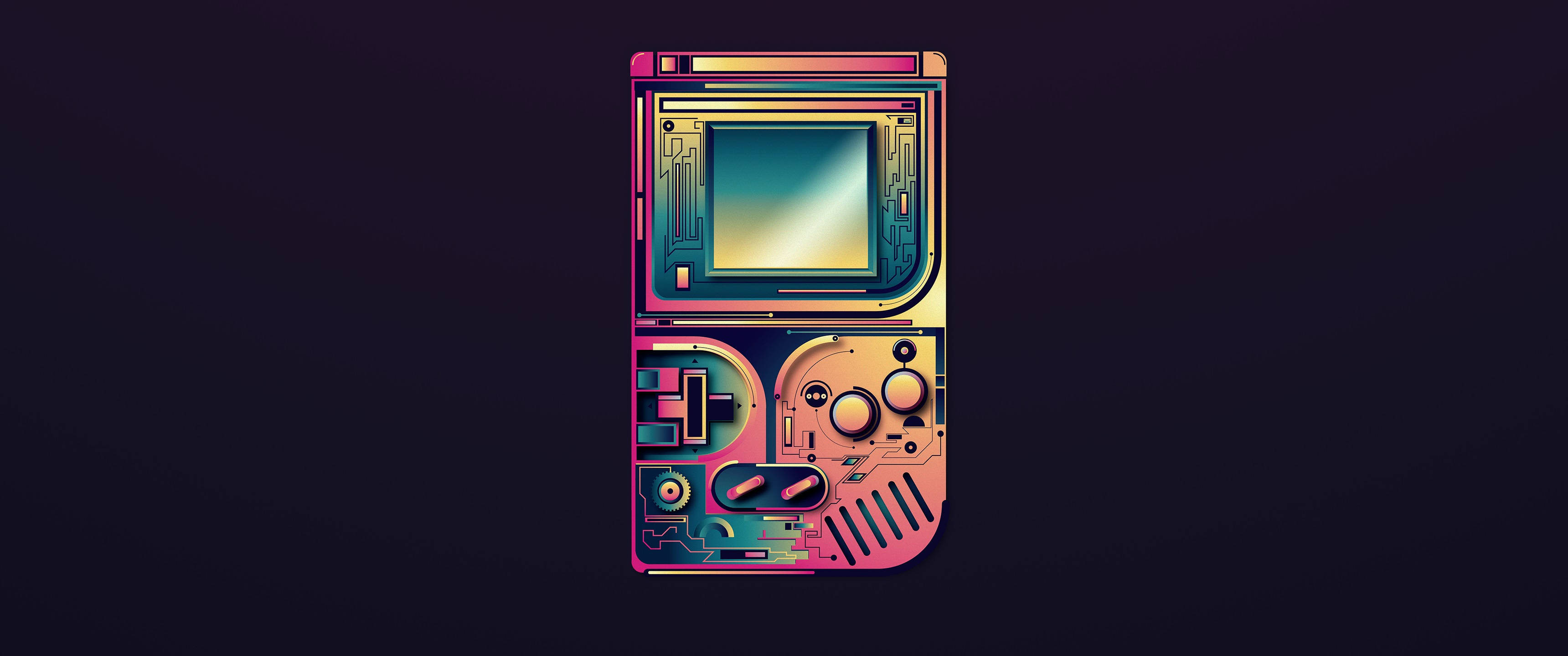 可見內部機械的彩色Game Boy 壁紙 — 在深色背景上以鮮豔的霓虹漸層渲染的復古手提遊戲機。