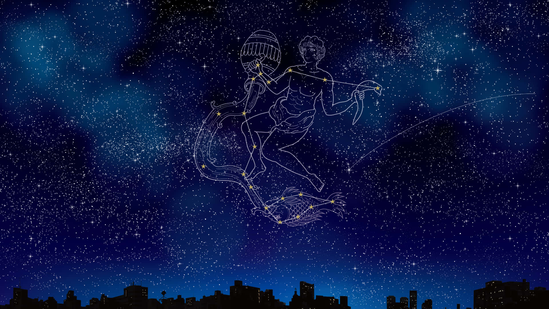 城市天際線之上夜空中的天體人物星座