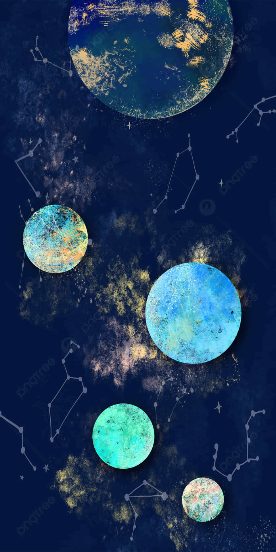在星空夜空中漂浮的帶有星座的行星