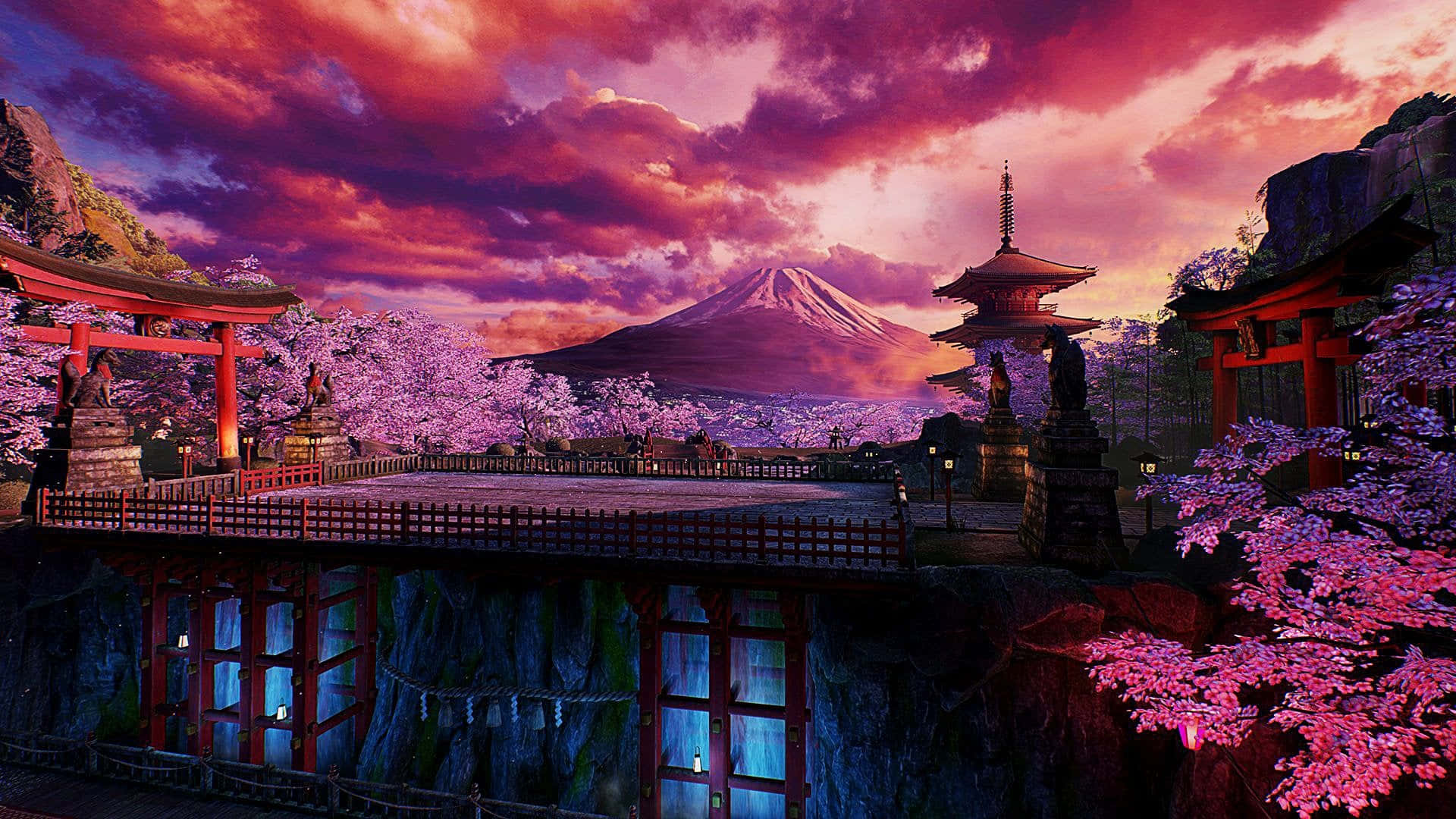 動漫神社，櫻花在紫色日落天空下閃爍，背景是積雪的山峰。