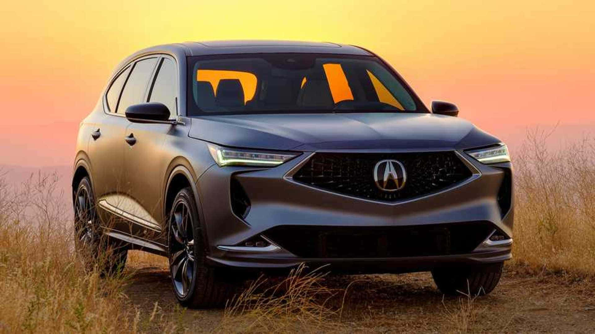 灰色Acura SUV停泊在日落時的草地上