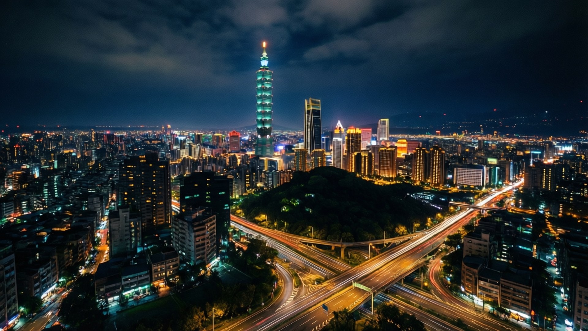 台北夜間鳥瞰圖，燈火通明的建築物和高速公路上的光跡。