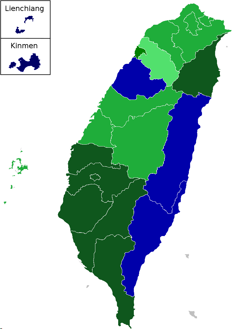 台灣政治地圖（分區著色） 壁紙 — 一個風格化的台灣地圖，區域以不同深淺的綠色和藍色著色，背景為黑色。