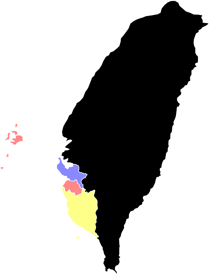 台灣行政區劃地圖 壁紙 — 一幅極簡風格的台灣地圖，以粉紅色、藍色和黃色突出顯示區域，背景為黑色。