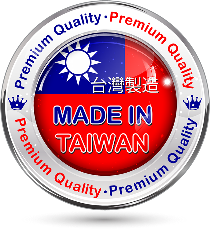 台灣製造品質標章 壁紙 — 一個帶有台灣國旗顏色和邊緣寫有「Made in Taiwan」和「Premium Quality」的光澤圓形徽章。