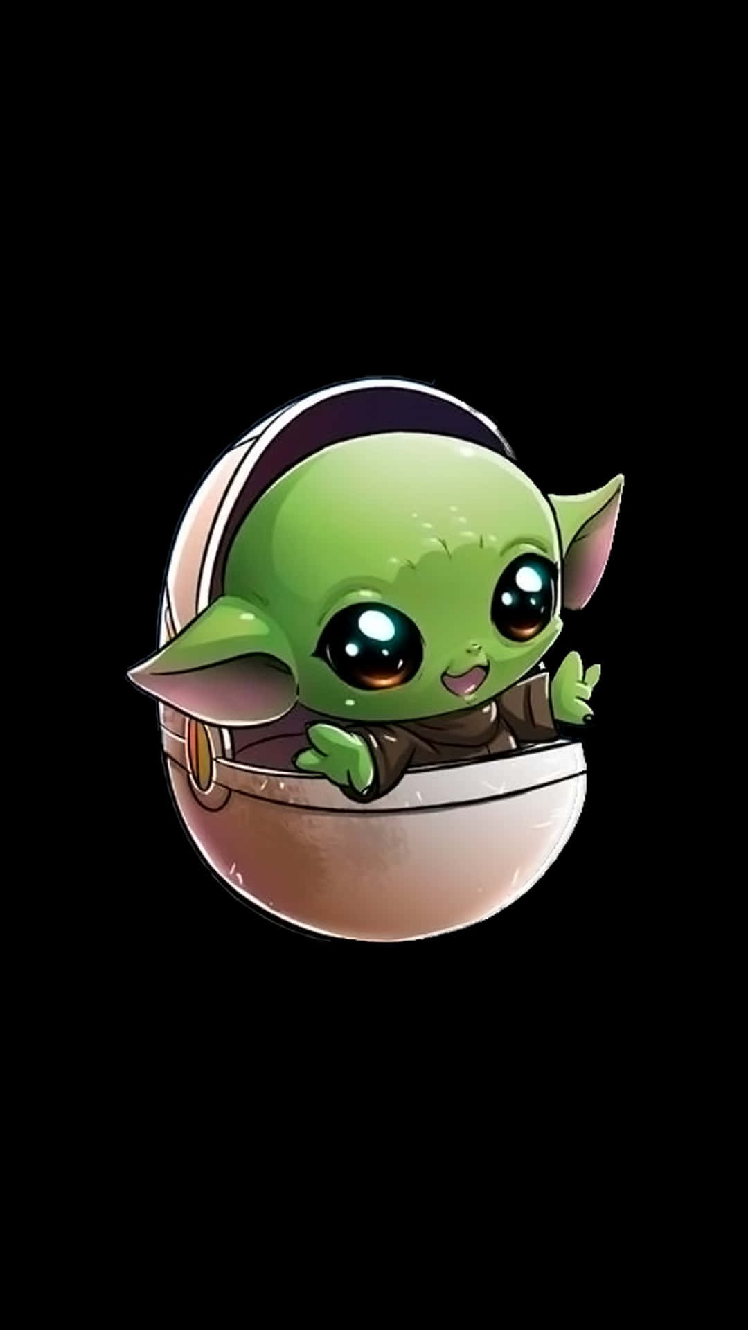 一個開心的 Baby Yoda 從圓形容器中探出頭來。
