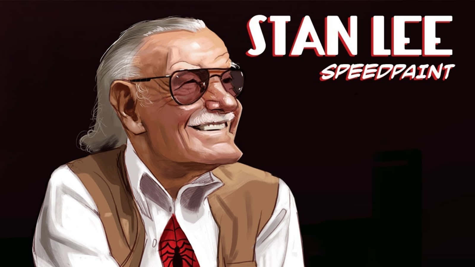 Stan Lee Tribute 桌布 壁紙 — 史丹·李在暗色背景前戴著太陽眼鏡和蜘蛛主題領帶，在快速繪畫插圖中溫暖地微笑。