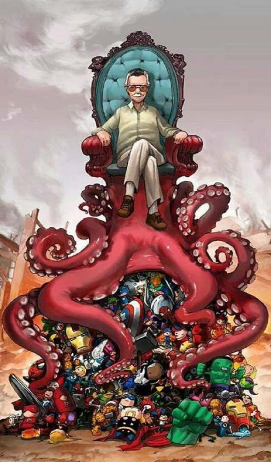 Stan Lee Tribute 桌布 壁紙 — 史丹·李威嚴地坐在由一隻巨大的紅色章魚組成的王座上，章魚抱著一堆漫威超級英雄。