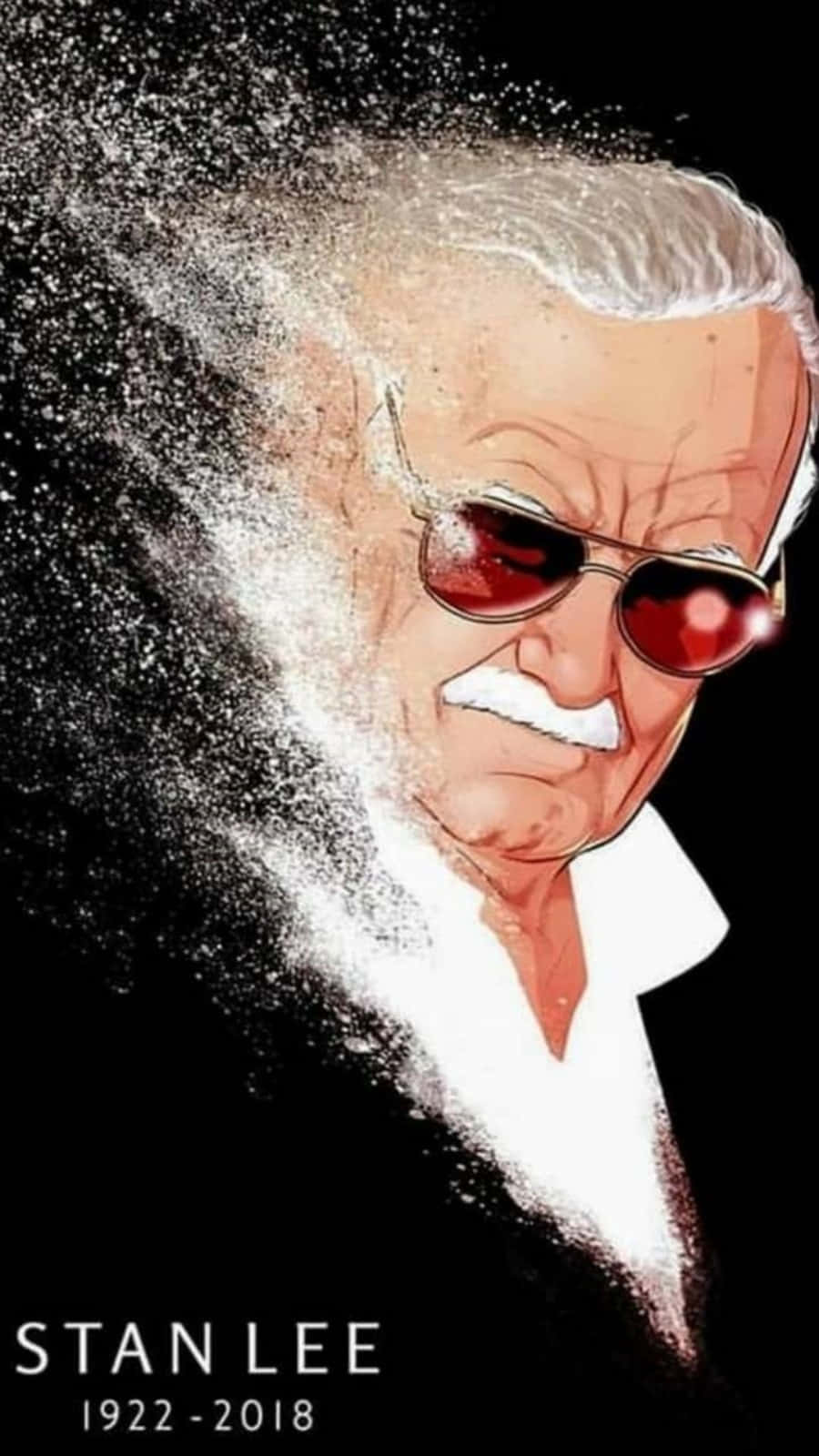 Stan Lee Tribute 桌布 壁紙 — 史丹·李戴着紅色太陽眼鏡，在黑色背景上分解成白色粒子，下方有其名字和年份。