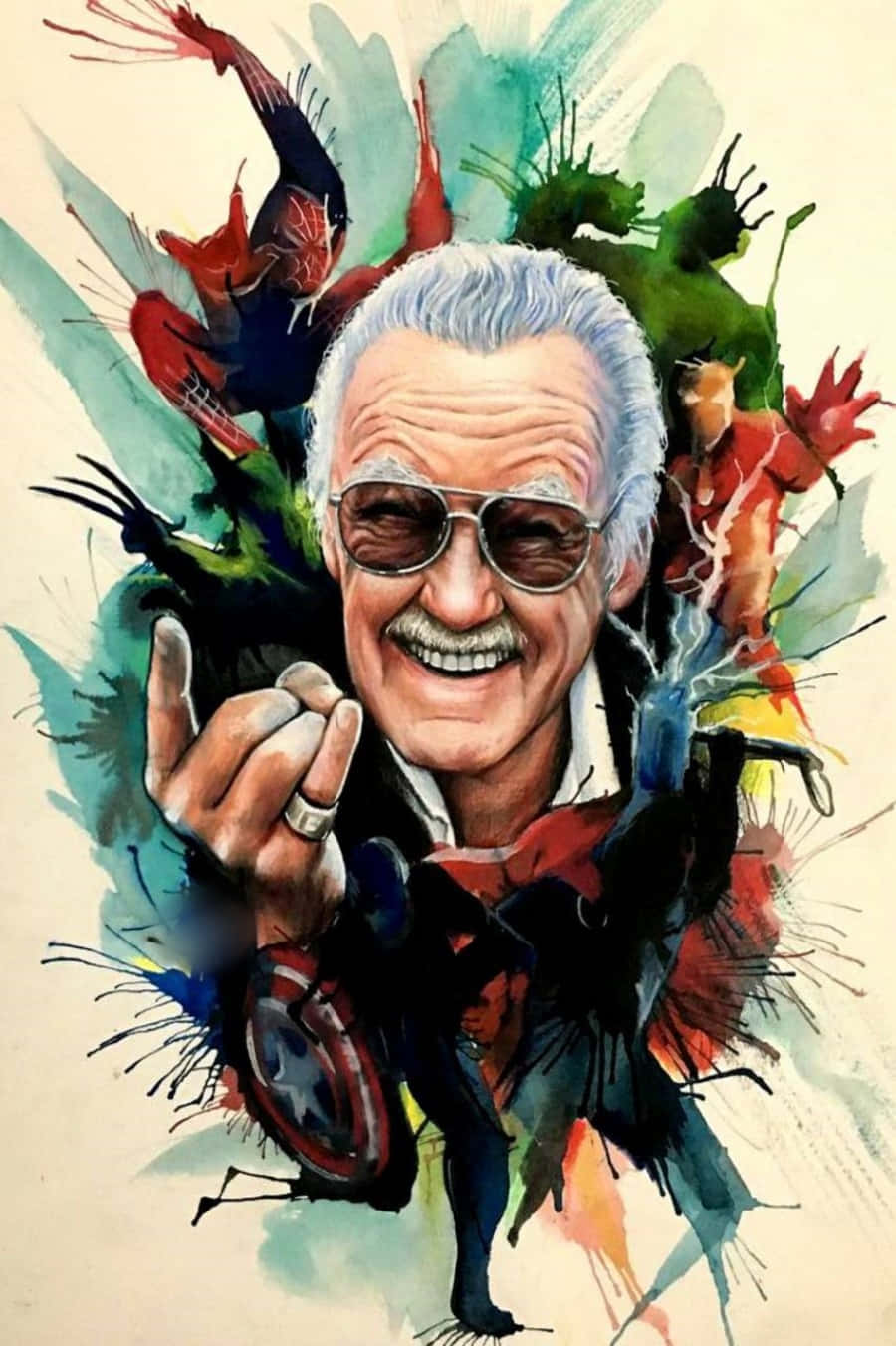 Stan Lee Tribute 桌布 壁紙 — 史丹·李自信地微笑，被蜘蛛俠和美國隊長等標誌性超級英雄的鮮豔水彩飛濺包圍。