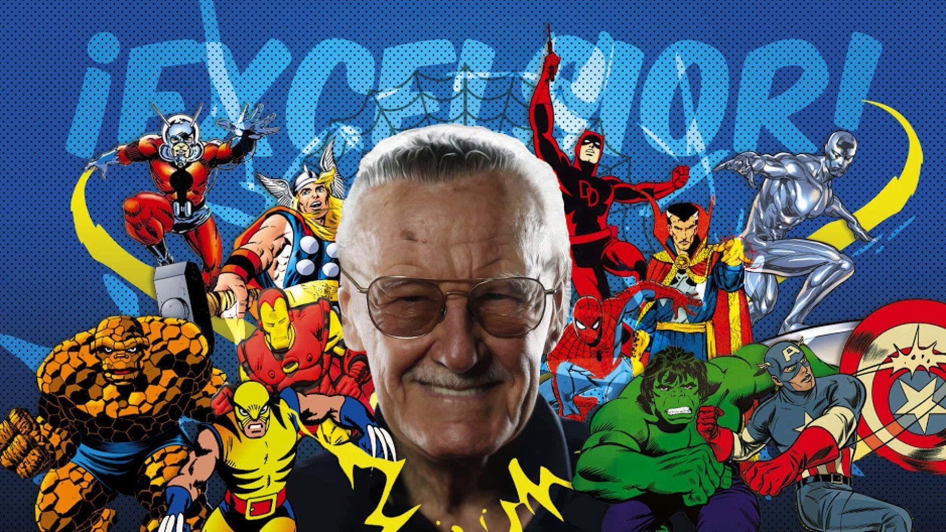 Stan Lee Tribute 桌布 壁紙 — 史丹·李自豪地微笑，被標誌性的漫威超級英雄以大膽的漫畫風格包圍，背景為藍色半色調。