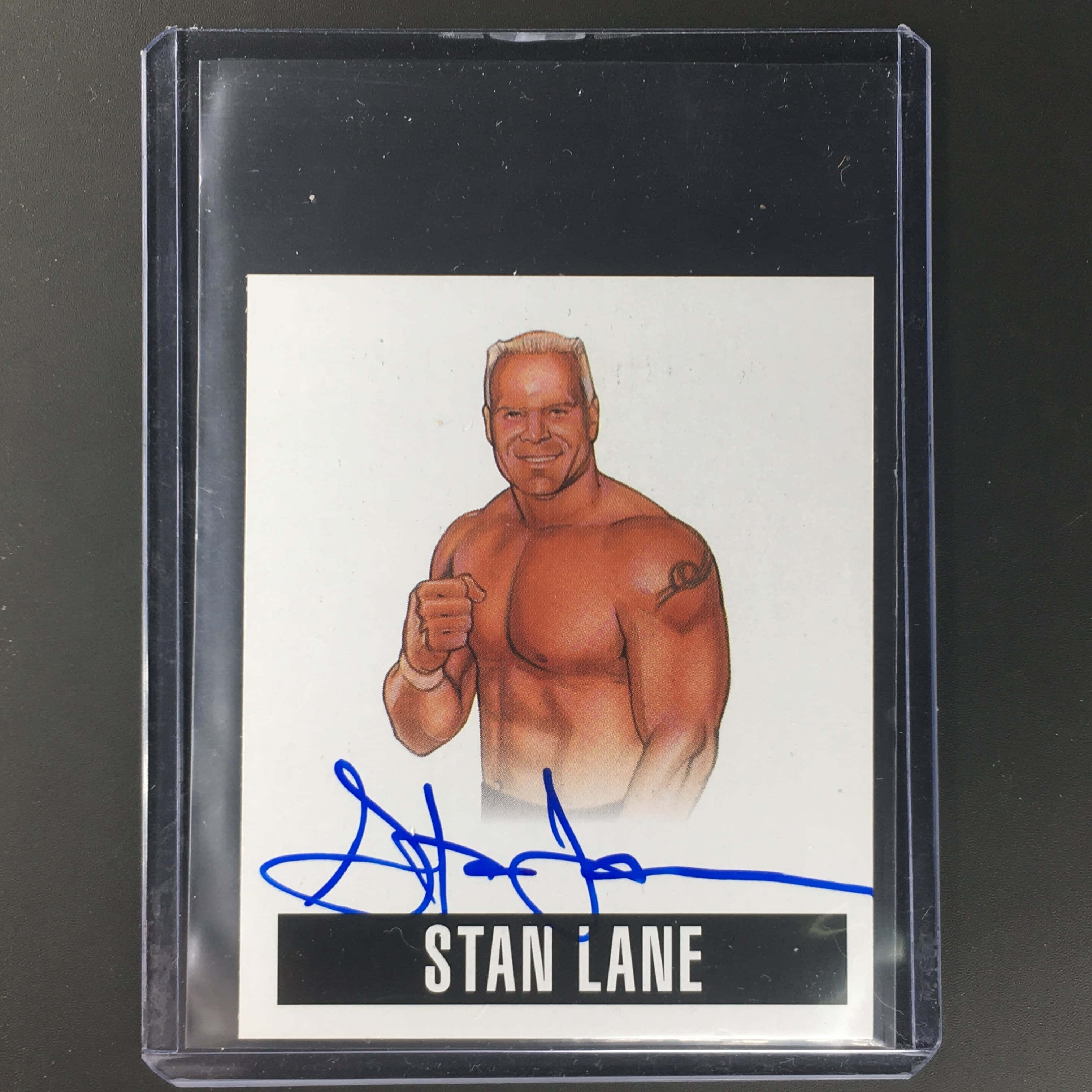 史丹·萊恩簽名照 壁紙 — 一張簽名嘅插圖摔角卡，Stan Lane 以自信姿勢出現，佢個名下面有藍色簽名。