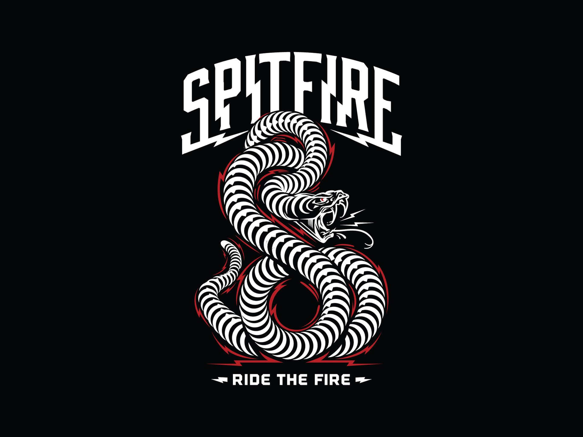 一條風格化的盤繞蛇，帶有閃電和粗體文字，寫著 Spitfire 和 Ride the Fire。