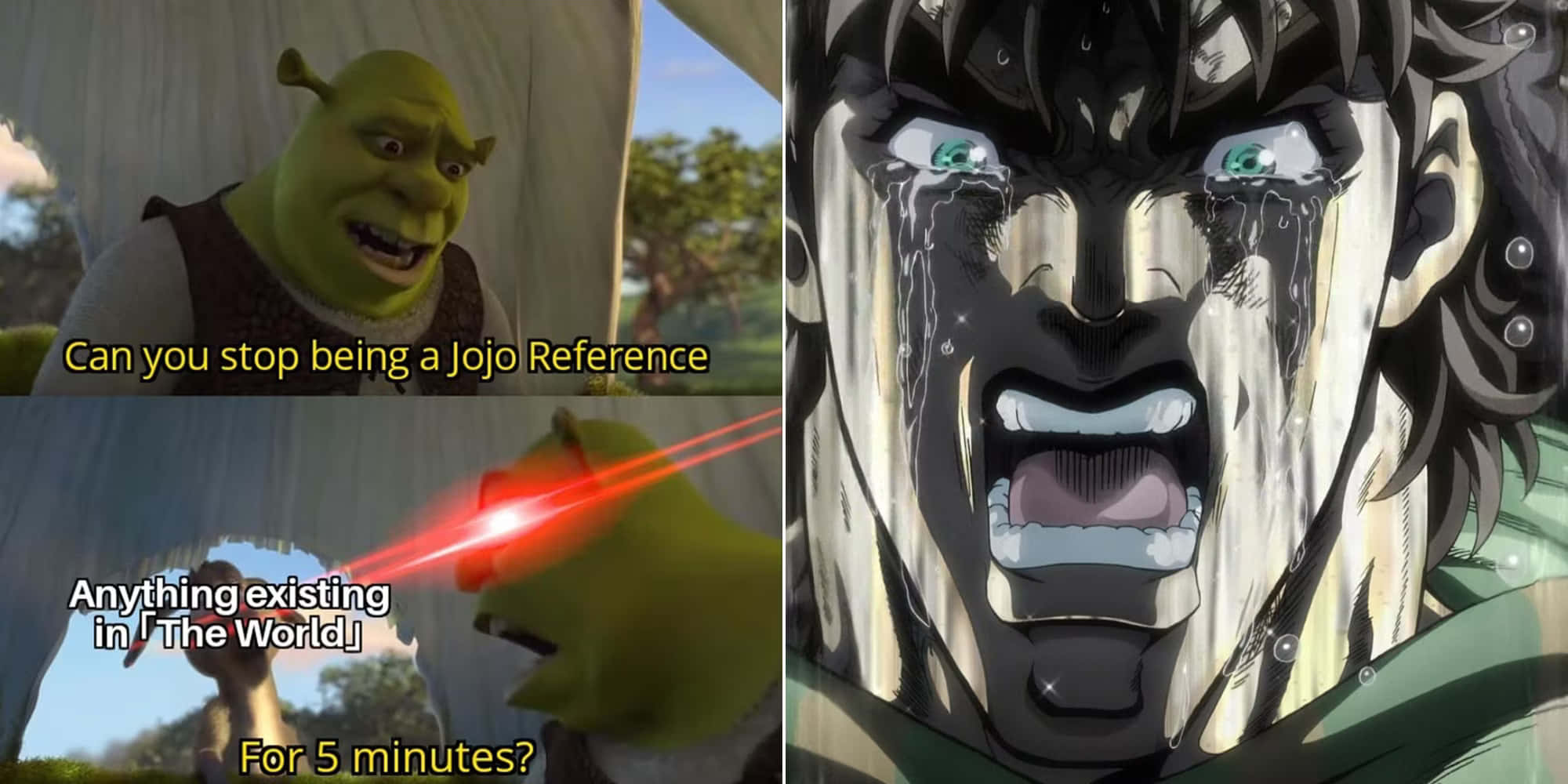 Jojo Meme 桌布 壁紙 — 史力加笑著手持紅色激光槍，旁邊有一個流淚哭泣的JoJo動漫角色。