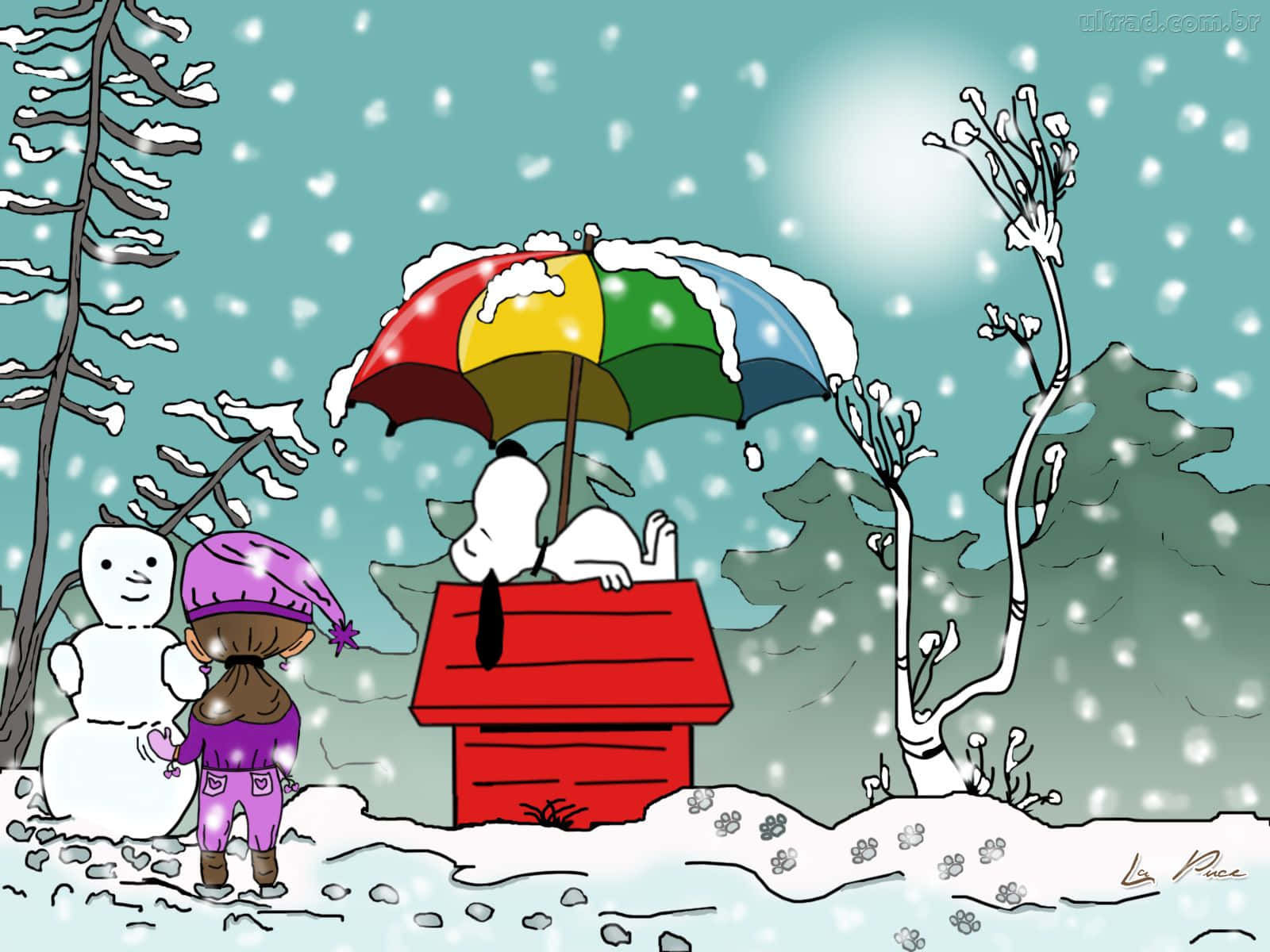 史努比 桌布 壁紙 — 史努比在紅色狗屋裡，在彩色雨傘下悠閒地休息，而一個孩子正在雪白的冬日場景中堆雪人。