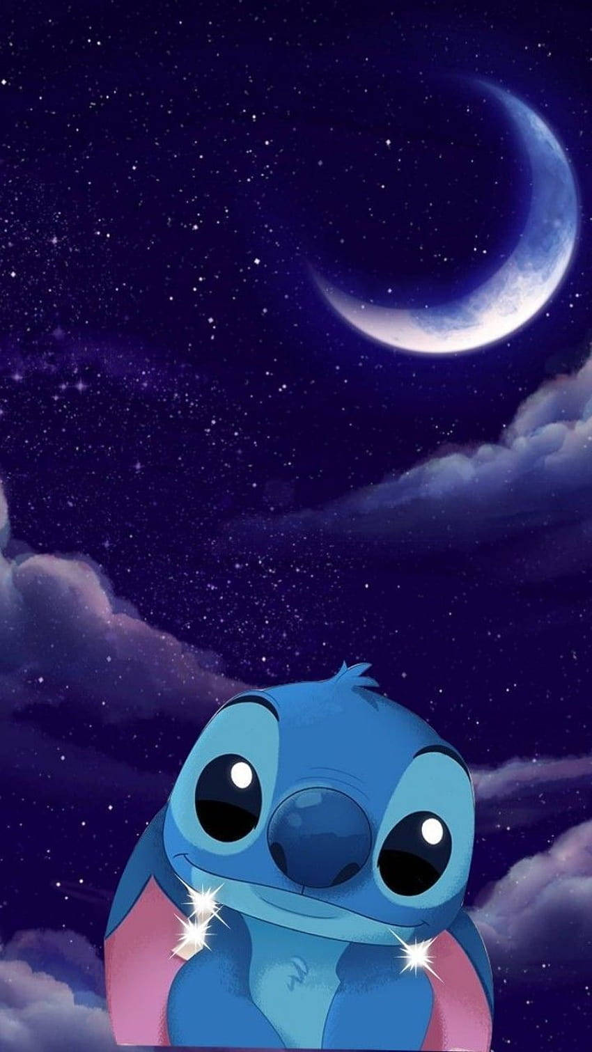 藍色大眼睛的外星人仰望新月和星星。