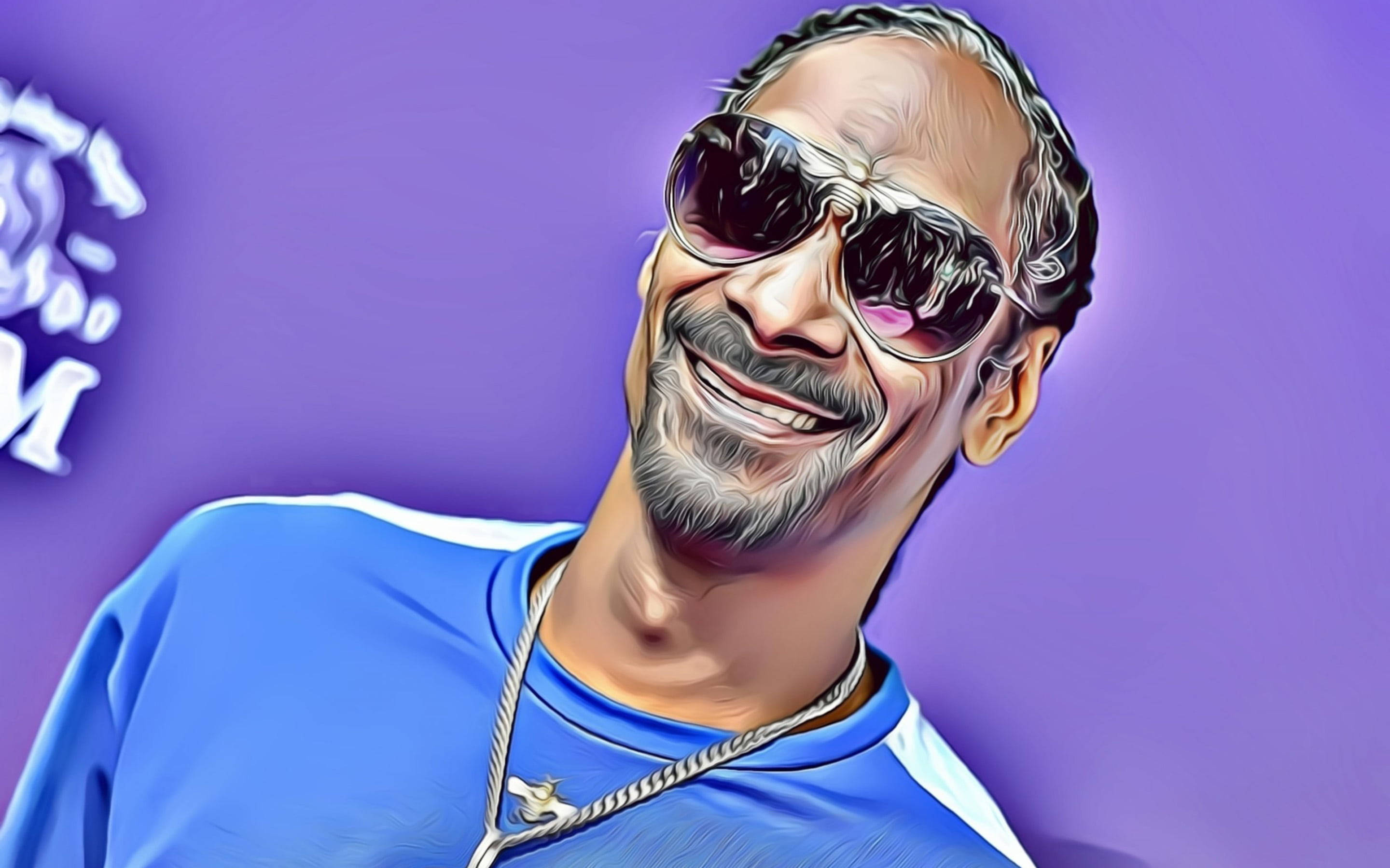 史努比狗狗圖形藝術 壁紙 — 一個風格化的Snoop Dogg肖像，戴著太陽眼鏡微笑，背景是充滿活力的紫色。