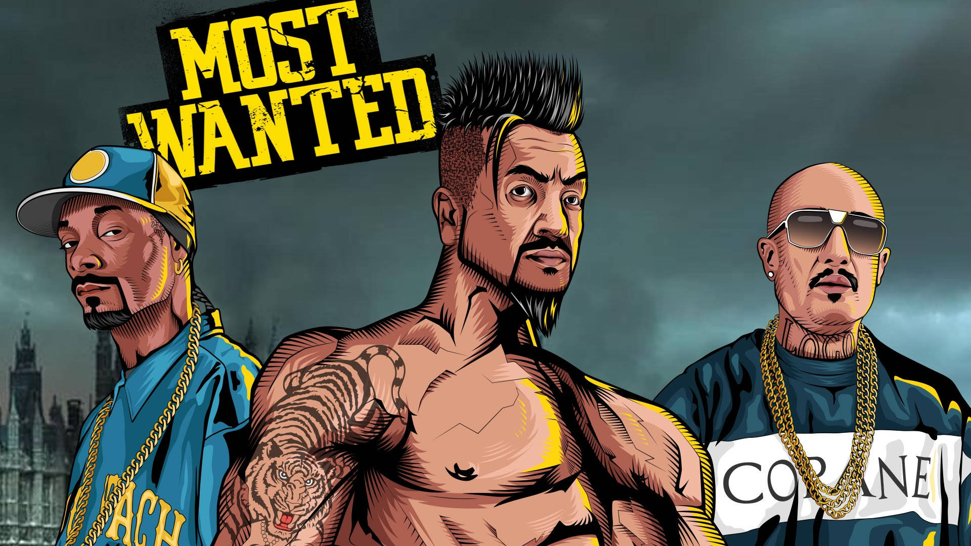 史努比狗狗為《Most Wanted》 壁紙 — 三個肌肉發達的卡通黑幫，身上有紋身和戴金鏈，站在一個「MOST WANTED」標誌下，背景是暴風雨的城市天際線。
