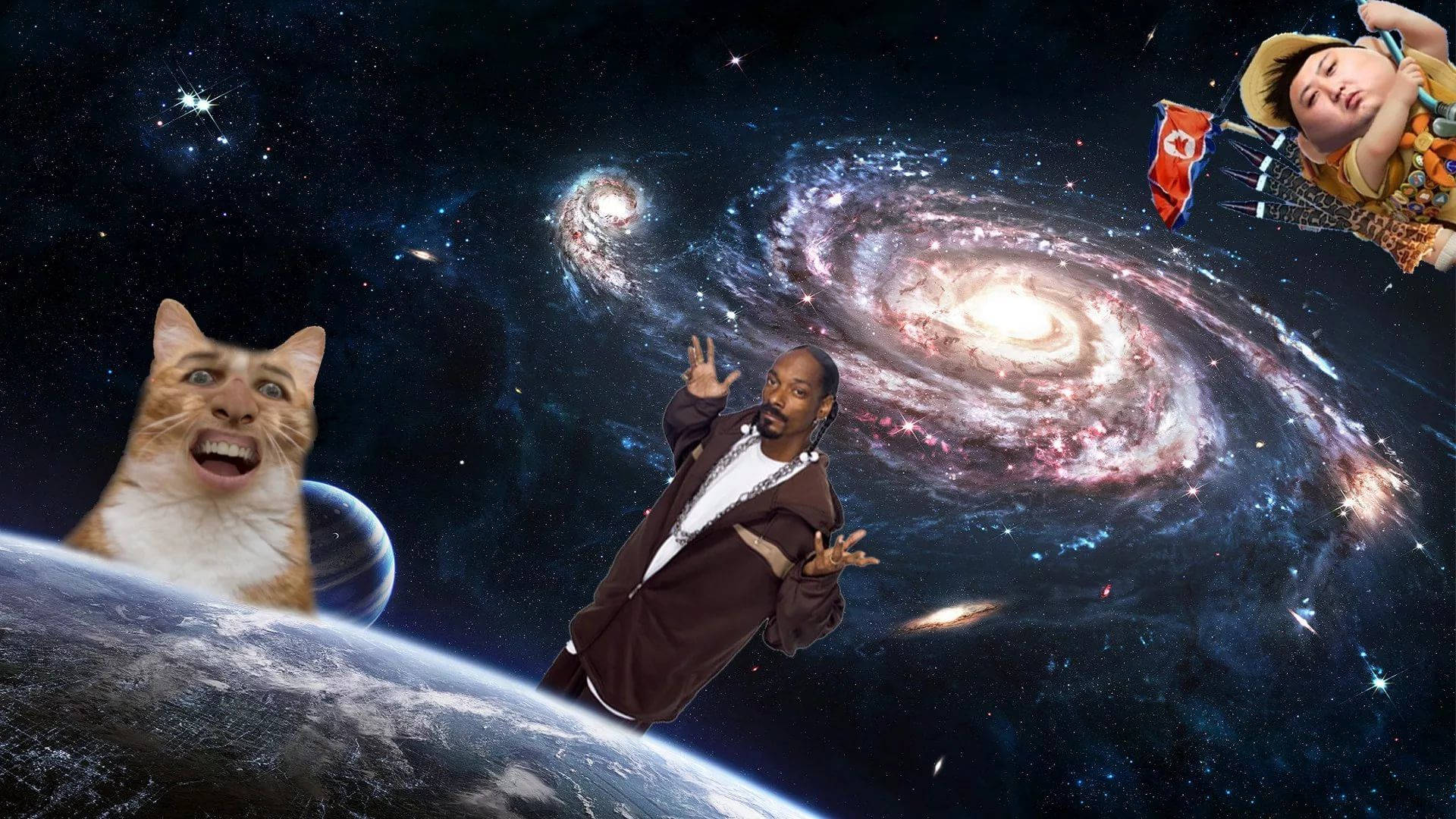Snoop Dogg、一隻貓和一個手持北韓旗幟的人物漂浮在地球和星系之上的太空中。