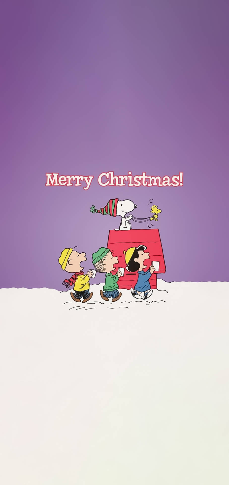 Peanuts 角色在雪中慶祝聖誕節，Snoopy 在屋頂上。