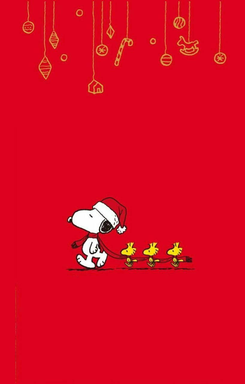史努比聖誕紅圍巾 壁紙 — 史努比戴著聖誕帽，在掛有金色裝飾的鮮紅色背景前，用皮帶拉著三隻黃色小雞。