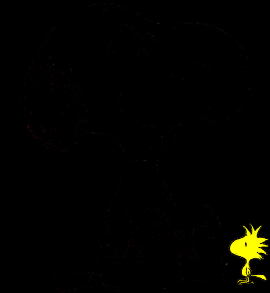 一隻小黃色卡通鳥站在黑暗中，旁邊有一個巨大的陰影人物。 — 史努比 壁紙