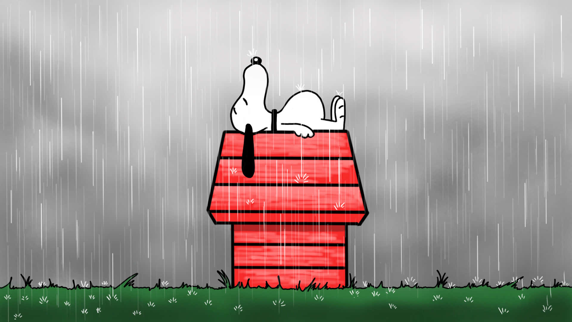 史努比 桌布 壁紙 — 史努比躺在他的紅色狗屋上，雨水從灰色的天空落下，下方是綠色的草地。