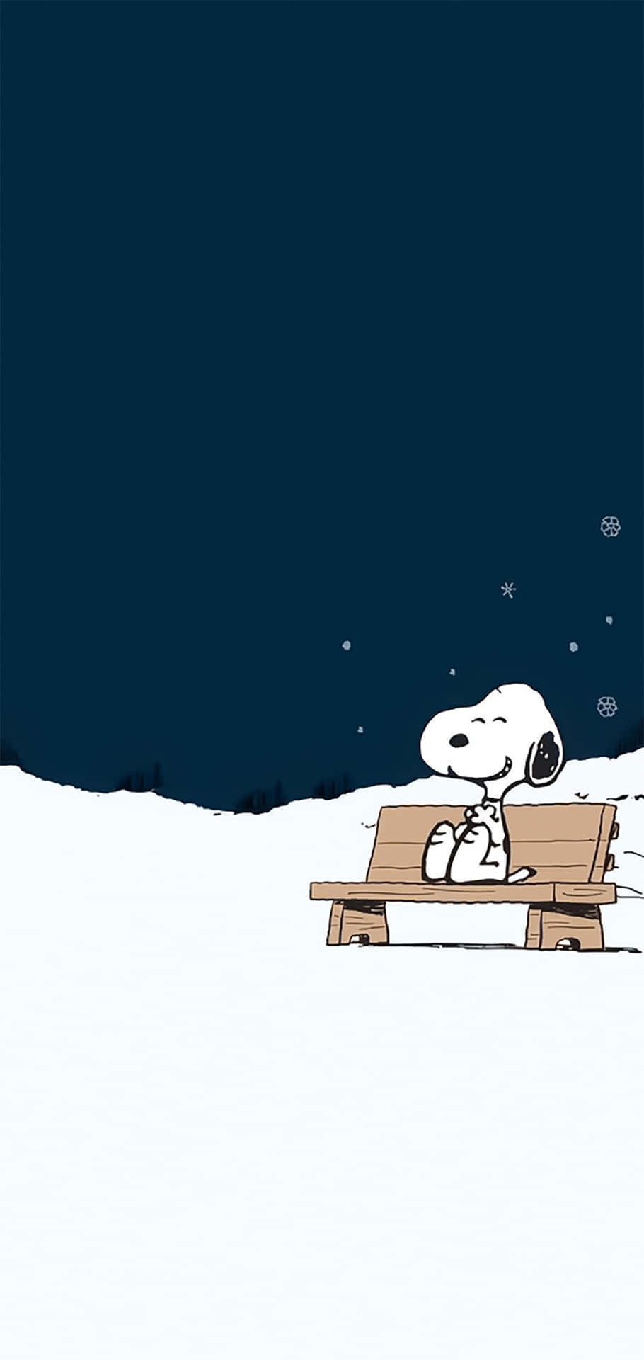 史努比坐在雪夜長椅上，星空下