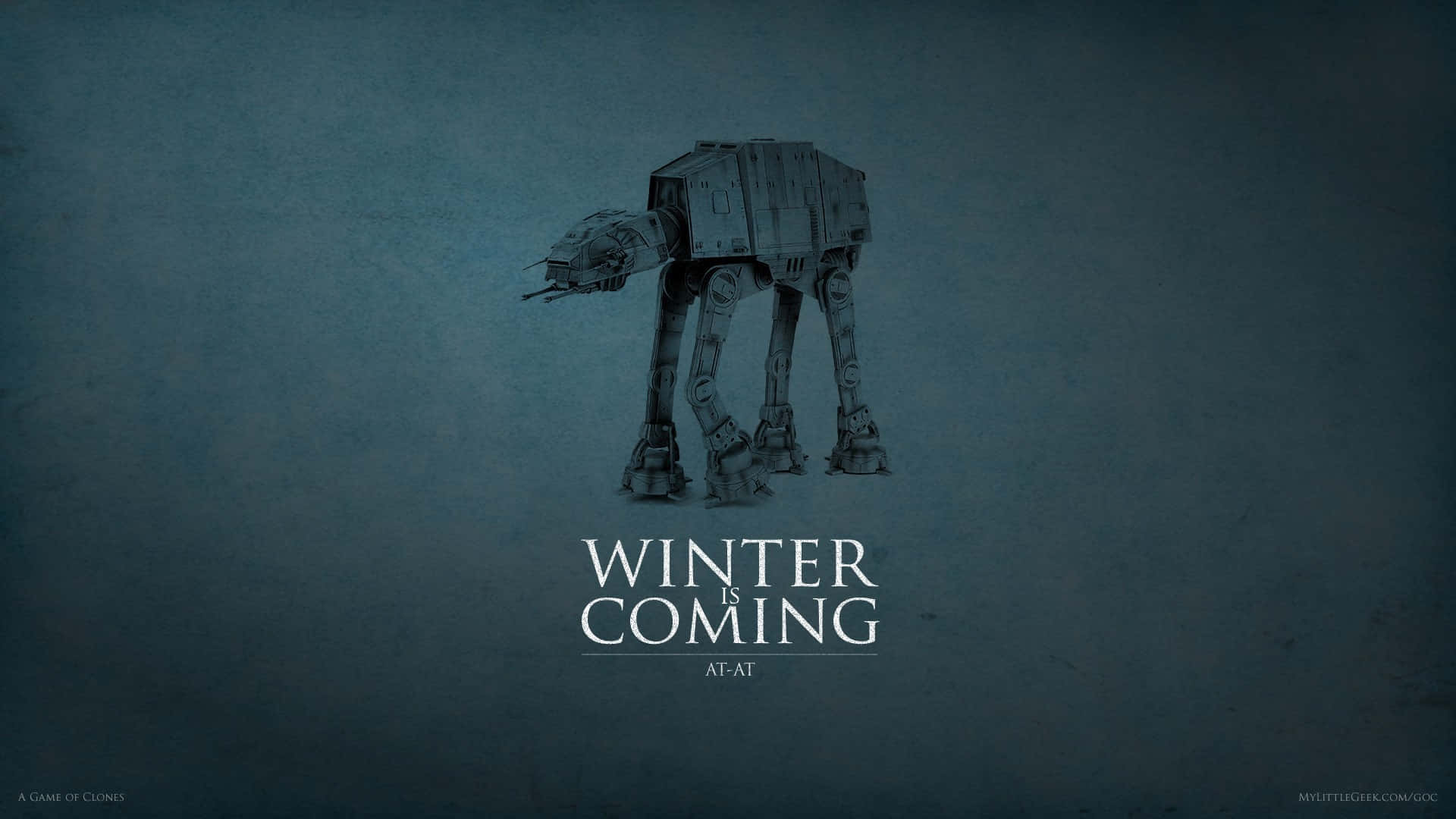 一架AT-AT步行機，帶有「winter is coming」文字，背景為深藍色紋理。