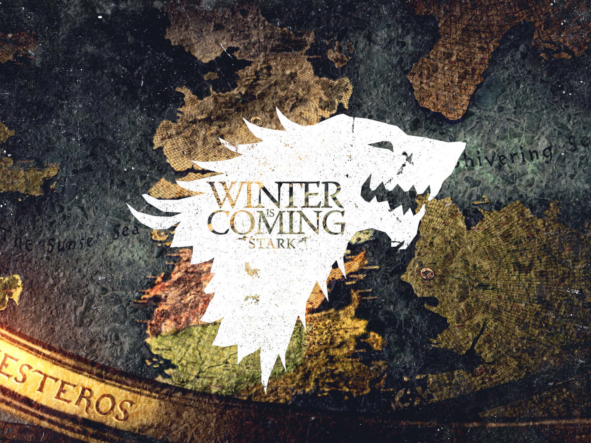 史塔克冰原狼徽章，附有 'Winter is Coming' 文字，位於磨損的奇幻地圖上。