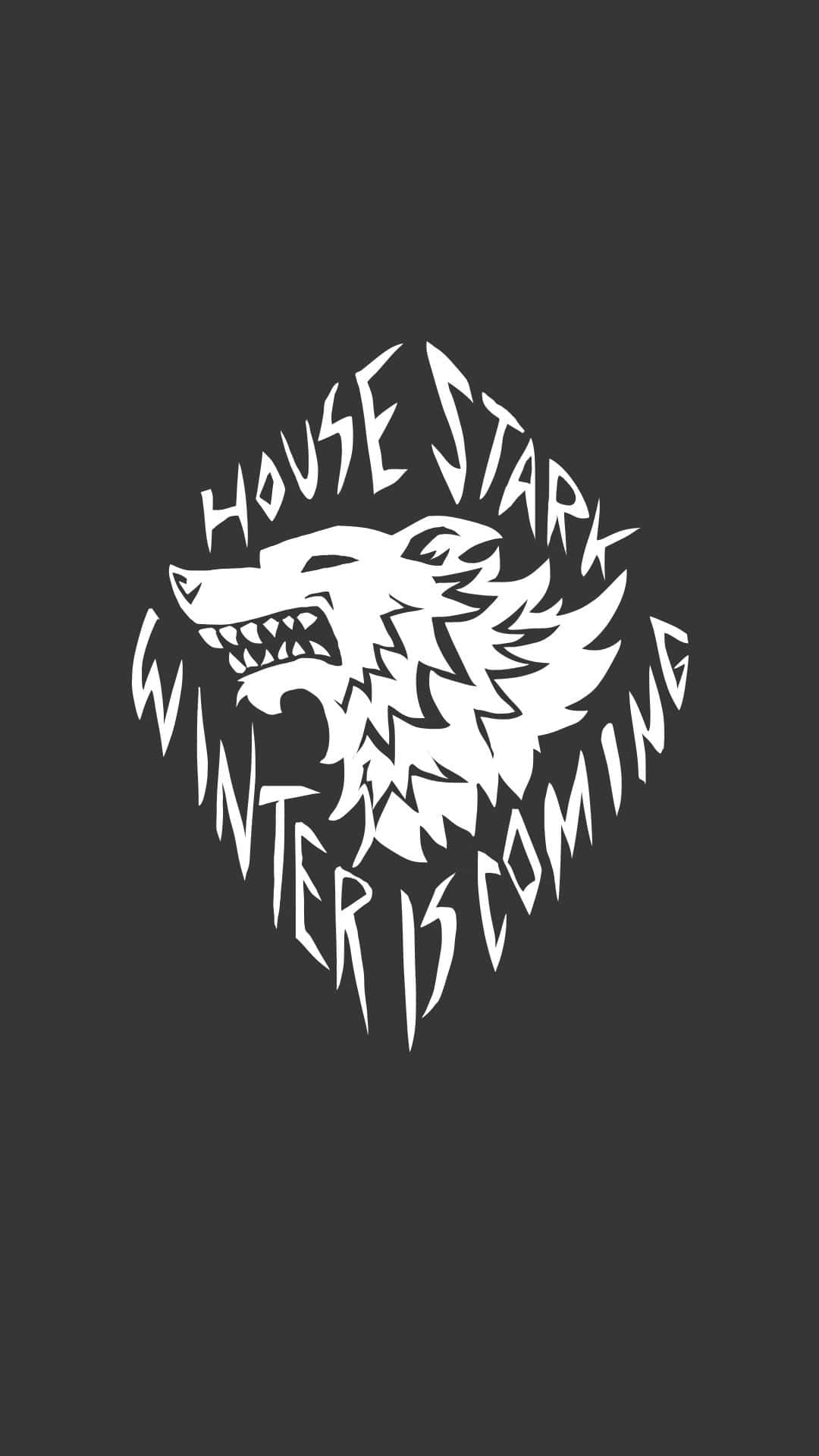 白色House Stark冰原狼徽章，帶有winter is coming文字，背景深灰色。