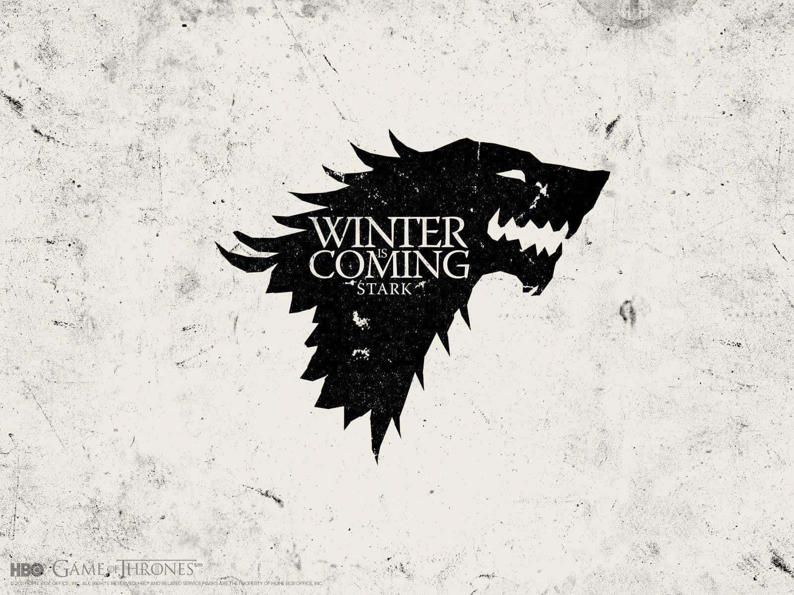 黑色冰原狼標誌，上面有「Winter is Coming Stark」文字，背景是紋理。