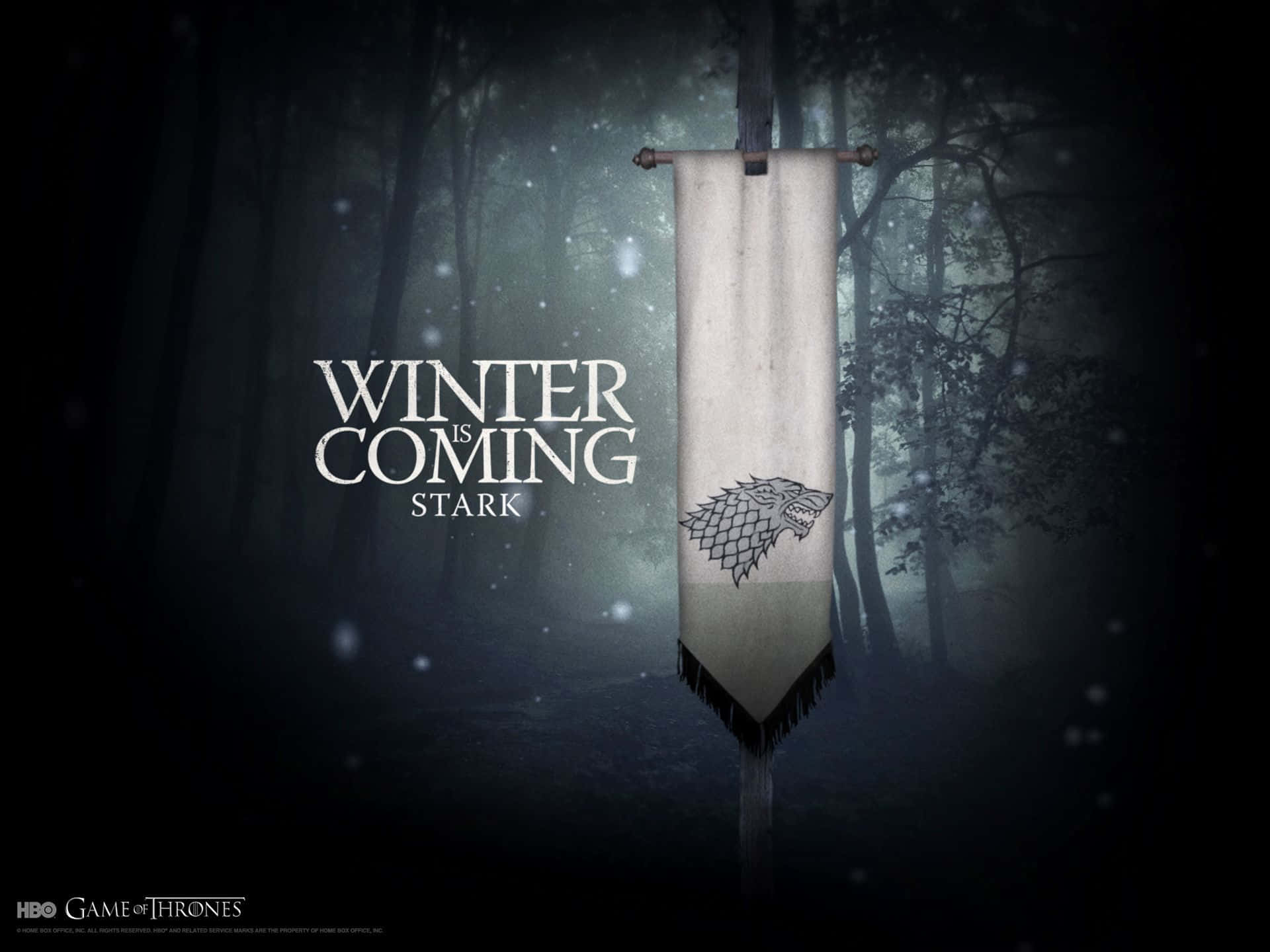 史塔克家族旗幟與冰原狼徽章，在雪林中配上 winter is coming 文字。