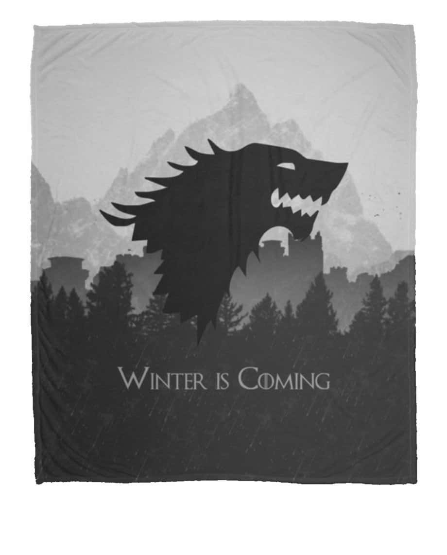 灰色抓毛絨毯上的冰原狼剪影，附有「Winter is Coming」文字。