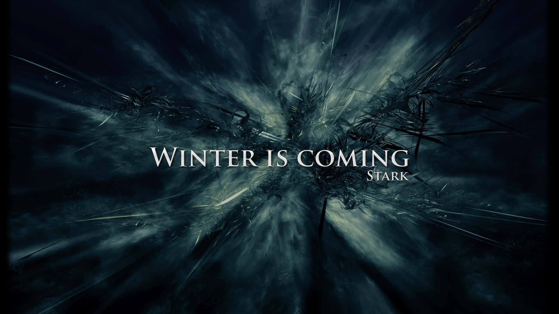 碎玻璃效果，文字 winter is coming stark 置於黑暗風暴背景上。