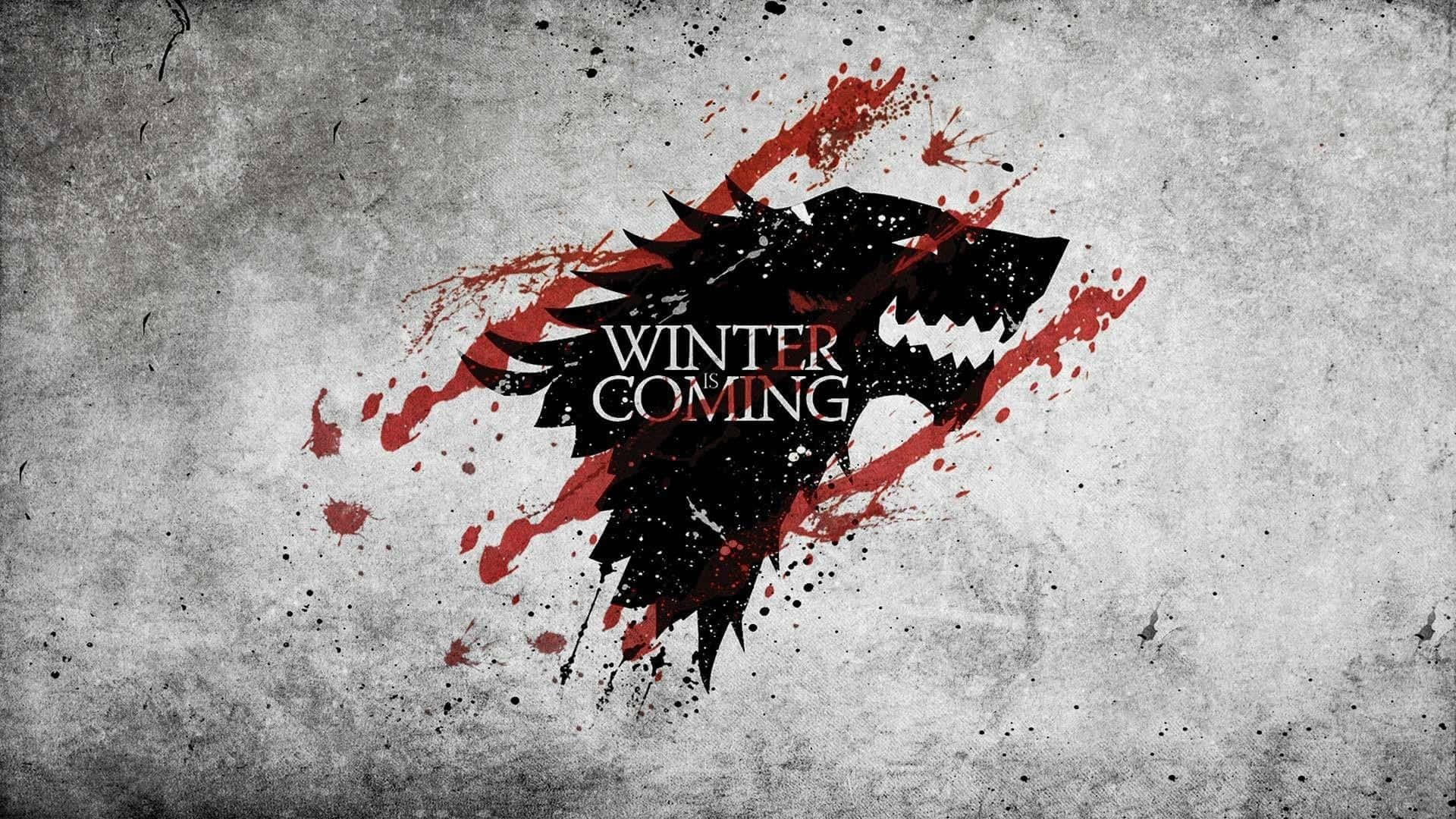 冰原狼標誌，帶有紅色飛濺和「winter is coming」文字，背景為有紋理的灰色。