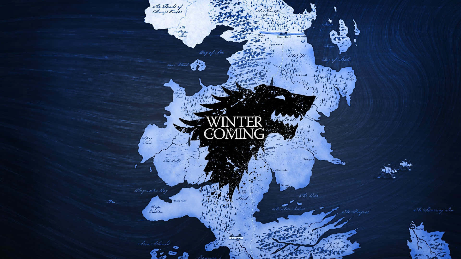 帶有冰原狼徽章和Winter is Coming文字的維斯特洛地圖。