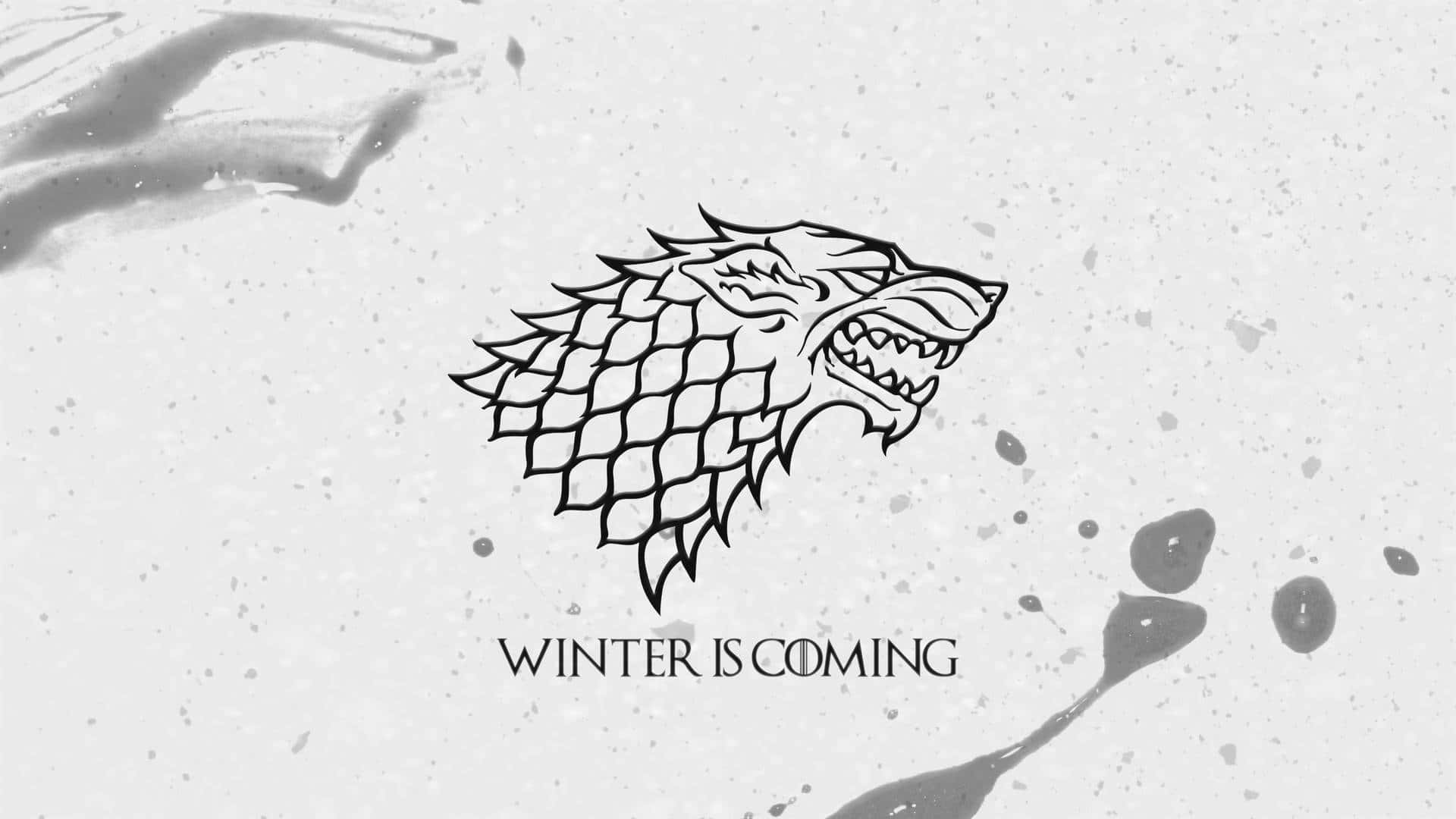 冰原狼標誌，帶有「winter is coming」文字，背景為帶有墨漬的紋理灰色。