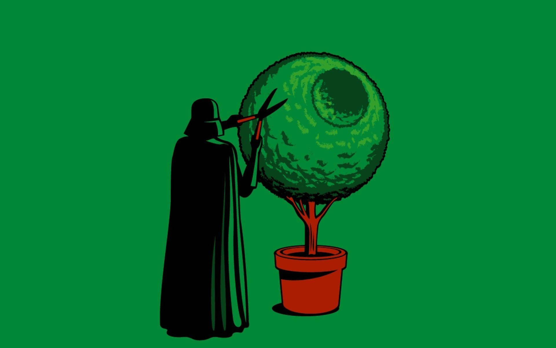 史塔克軍官修剪植物迷 壁紙 — 黑武士的黑色剪影，在純綠色背景前，用紅色剪刀修剪一個球形的綠色修剪樹木。
