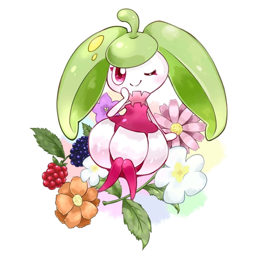 史尼尼與花朵 壁紙 — 一個可愛的動漫風格寵物小精靈，擁有綠色葉子耳朵和粉紅色裙子，被鮮花和漿果包圍。
