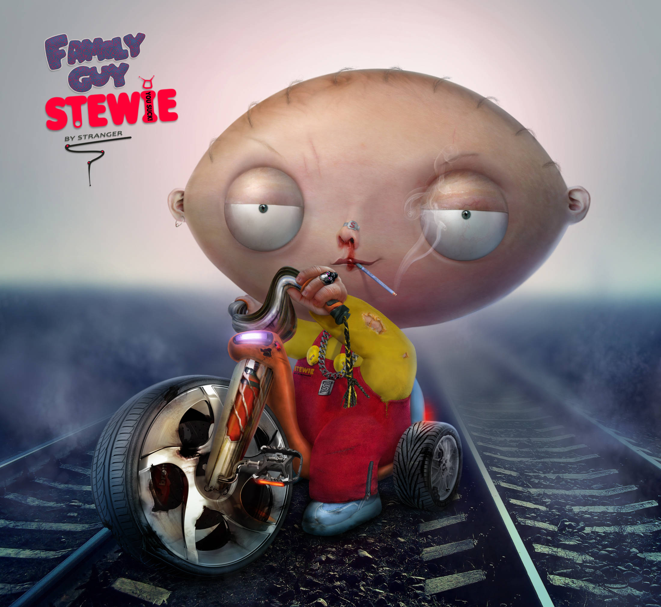 史提夫·格里芬3D動畫藝術 壁紙 — Stewie Griffin 騎著定制chopper電單車在霧氣瀰漫的火車軌道上行駛，同時吸煙。