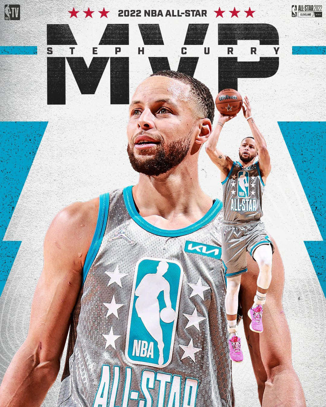 史蒂芬·柯瑞 桌布 壁紙 — 史提芬居里身穿2022年NBA全明星MVP球衣，手持籃球，背後有動態動作姿勢。
