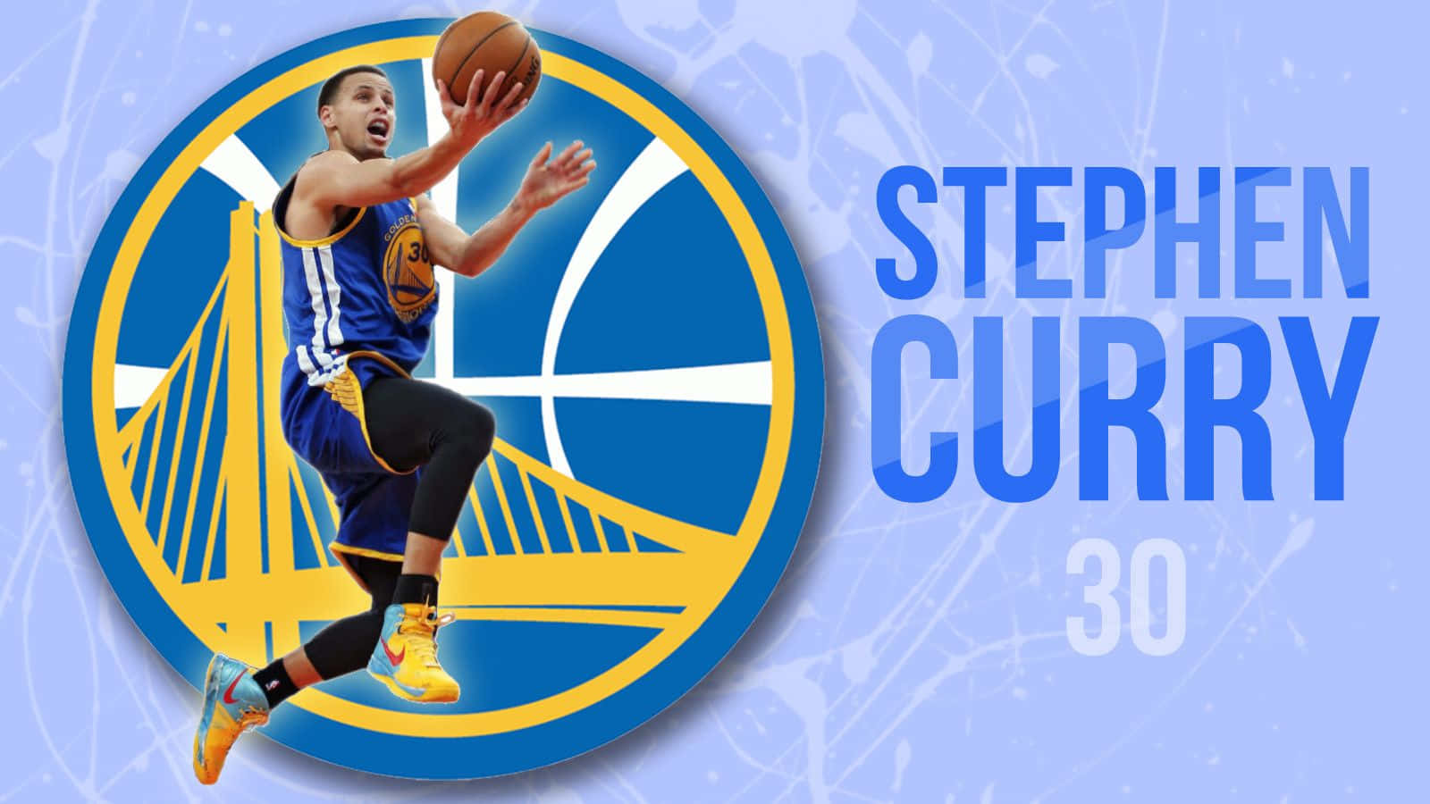 steph curry 桌布 壁紙 — 史提芬居里身穿金州勇士隊球衣，在半空中投籃，背景為藍色並有球隊標誌。