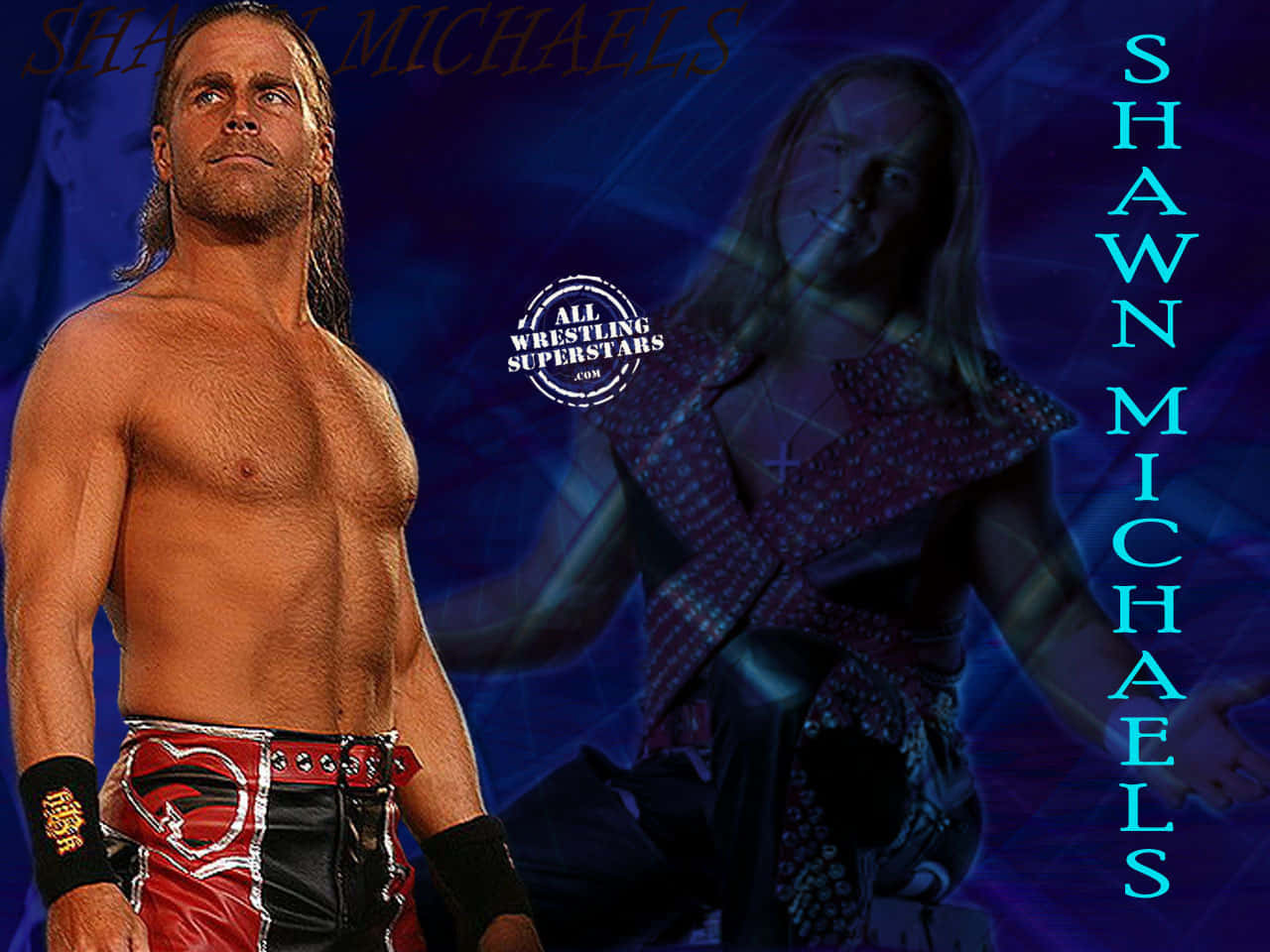 摔角手 Shawn Michaels 穿著紅色和黑色短褲，背景為發光藍色文字。