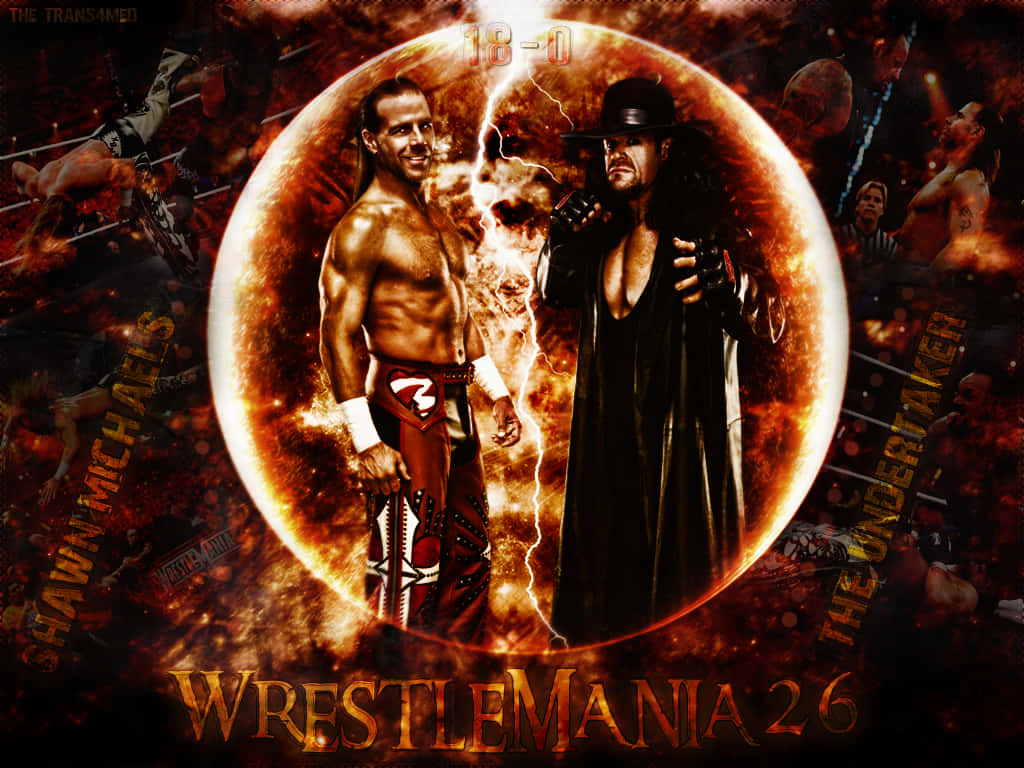 WWE摔角手Shawn Michaels和The Undertaker在WrestleMania 26的火焰圓圈中站立。