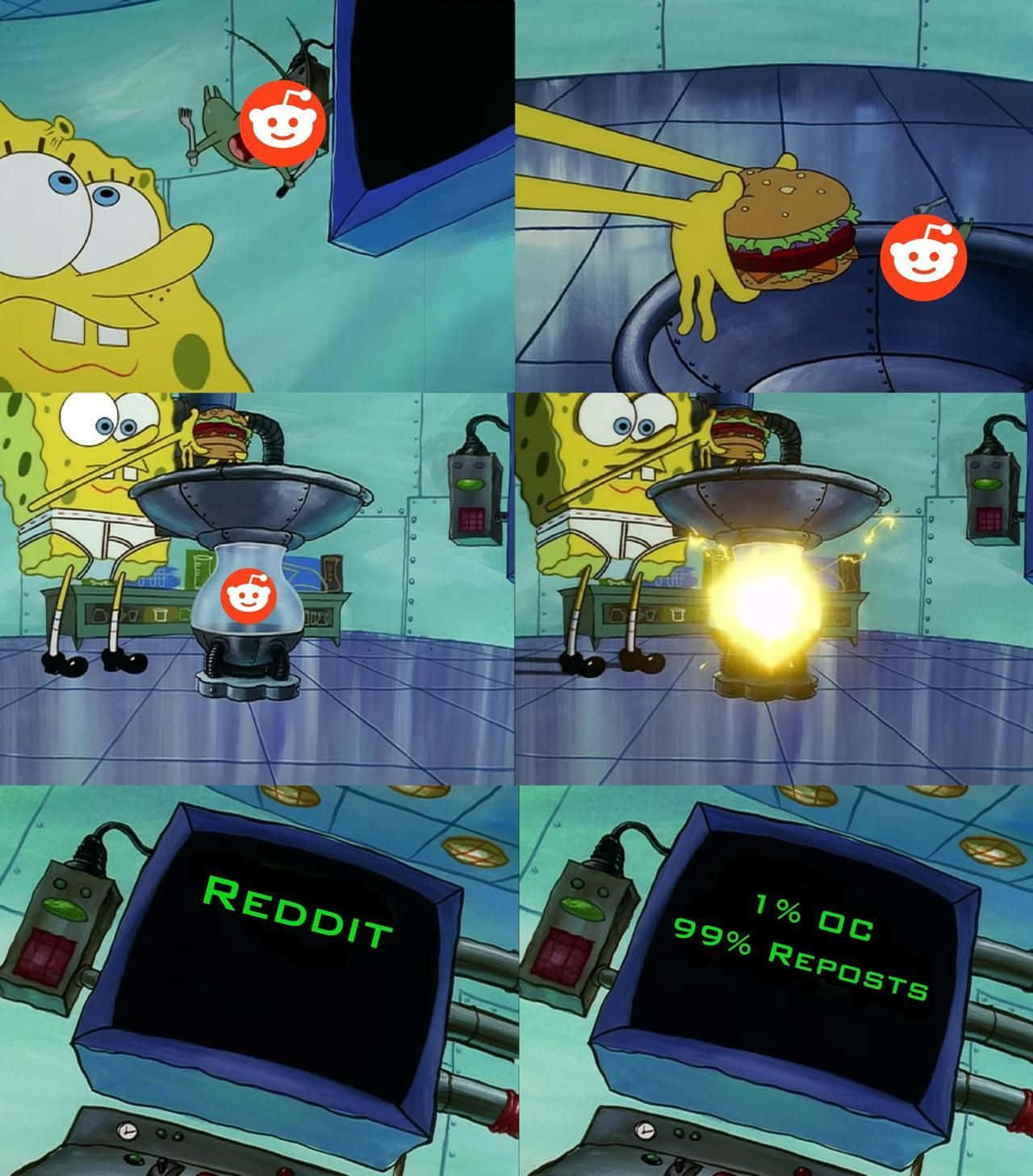 史比卜Reddit Dank Memes圖片 壁紙 — 海綿寶寶用機器將漢堡轉化為發光的能量，而 Reddit 標誌在附近漂浮。